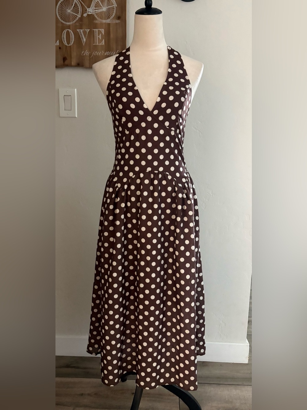 Cider Brown and Cream Polka Dot Halter Midi Dress